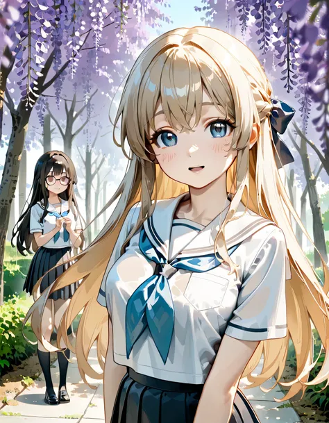 (score_9, score_8_up, score_7_up), source_Anime, absurd_res, white, blue, black, 2girls, duo, multiple girls, upper body, super fine illustration, an extremely delicate and beautiful, best quality, masterpiece, 8K, spring setting, wisteria flowers, gentle ...