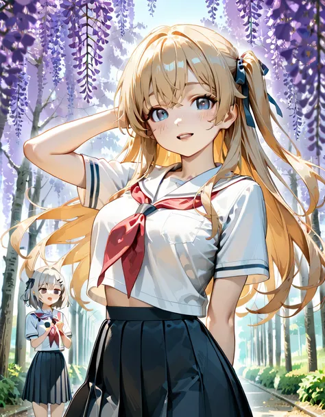 (score_9, score_8_up, score_7_up), source_Anime, absurd_res, white, blue, black, 2girls, duo, multiple girls, upper body, super fine illustration, an extremely delicate and beautiful, best quality, masterpiece, 8K, spring setting, wisteria flowers, gentle ...