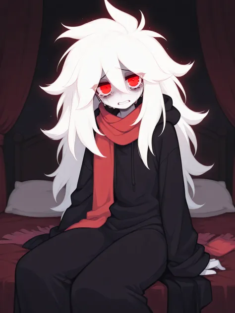 red eyes, tall, man, masculine, sobbing, tears, bedroom, sitting on bed, black hoodie, hoodie up, crying, white hair, red long scarf, tall, glowing yellow eyes, male, solo, standing, white skin, staring at viewer, white large hair, fair skin, dark, black ...