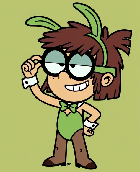(cartoonized), 1girl, solo, Nickelodeon, The Loud House, Lisa Loud, Lisa Loud (The Loud House), :), |:), happy, smile, neutral, short hair, medium hair, brown hair, glasses, eyewear, fake rabbit ears, rabbit ears, green rabbit ears, bunny ears, green bunny...