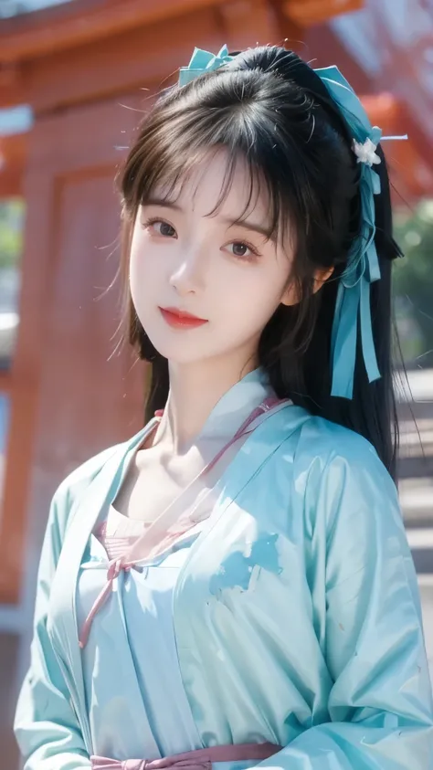 1 beautiful girl,Best Quality,(painting:1.5),Chest,torii,,depth of field, detailed face ,facial focus,ribbon_trim,(watching the audience:1.25),Smile,Thick lips,Real People,