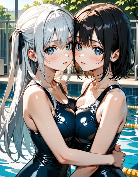 (score_9, score_8_up, score_7_up), source_Anime, absurd_res, white, blue, black, 2girls, duo, multiple girls, upper body, super fine illustration, an extremely delicate and beautiful, best quality, masterpiece, 8K, summer setting, in outdoor school pool, b...