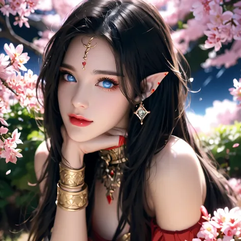 One 20 year old girl, (breast :1.1), navel,upper body,bare shoulders,wears red tube top,red skirt, blue gems,shiny skin,hand in own hair,(mature female),milf, beautiful cai lin, deep blue eyes, jet black long hair, face symmetry 8k resolution high quality....