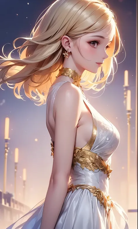 (masterpiece),((best quality)),(perfect anatomy),(Beautiful and luxurious:1.2),1 girl on break day,happy expression,small breasts,((Golden Hair Beauty)), beautiful shrine garden , Transparency,short hair,gentle color,pastel color,cinematic lighting,(Highl...