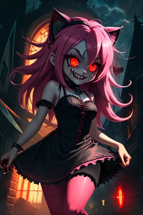 a cartoon cat girl pink hair in a white dress standing in front of a building, white fariytale, with red glowing eyes, dark demonic dancer, dark ballerina, demon girl, with glowing red eyes, demon anime girl, gothic city streets behind her, gapmoe yandere ...