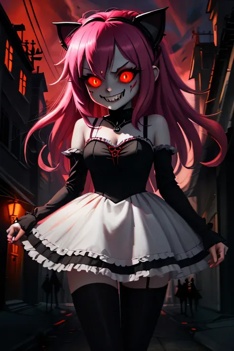 a cartoon cat girl pink hair in a white dress standing in front of a building, white fariytale, with red glowing eyes, dark demonic dancer, dark ballerina, demon girl, with glowing red eyes, demon anime girl, gothic city streets behind her, gapmoe yandere ...