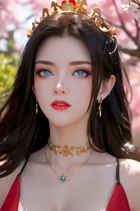 One 20 year old girl, breast 1.1, navel,upper body,bare shoulders,wears red tube top,red skirt, blue gems,shiny skin,hand in own hair,(mature female),milf,cai lin, deep blue eyes, jet black long hair, 8k resolution high quality,background: around the garde...