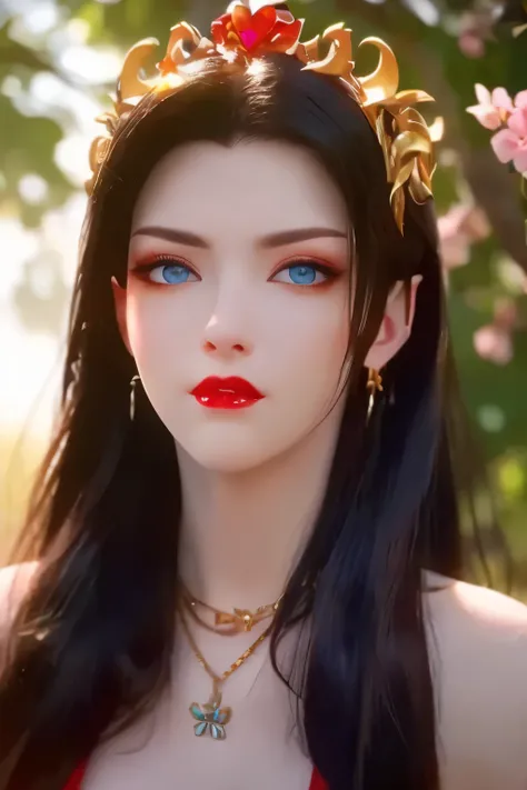 One 20 year old girl, breast 1.1, navel,upper body,bare shoulders,wears red tube top,red skirt, blue gems,shiny skin,hand in own hair,(mature female),milf,cai lin, deep blue eyes, jet black long hair, 8k resolution high quality,background: around the garde...