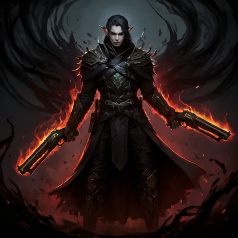 High resolution , masterpiece , high quality, super detailed , Elven eyes, Elfo man, eyes, man, long hair , white hair, aesthetic, purple eyes, red eyes , bright pupils , irritated, caçador sombrio, gunslinger com duas pistolas amaldiçoadas, arma de fogo, ...
