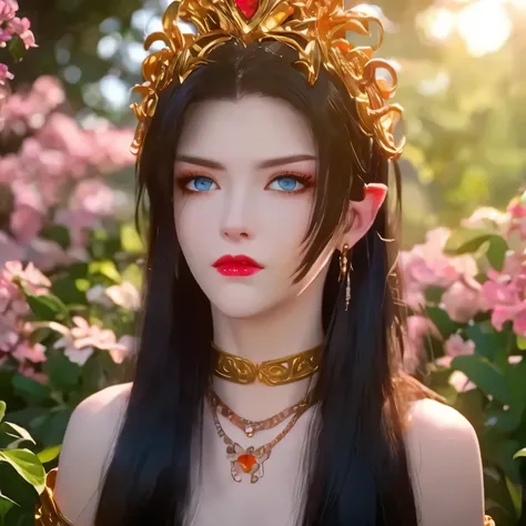 One 20 year old girl, breast 1.1, navel,upper body,bare shoulders,wears red tube top,red skirt, blue gems,shiny skin,hand in own hair,(mature female),milf,cai lin, deep blue eyes, jet black long hair, 8k resolution high quality,background: around the garde...
