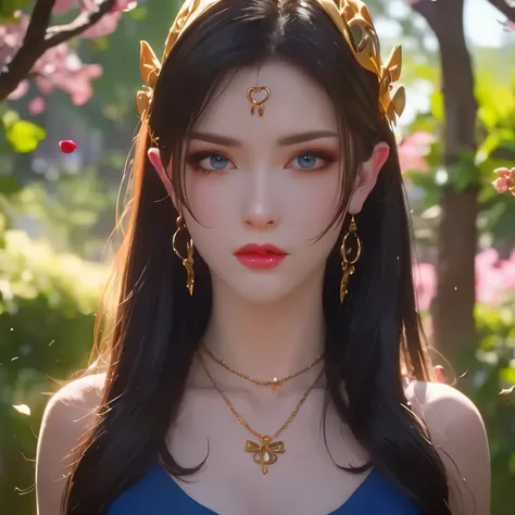 One 20 year old girl, breast 1.1, navel,upper body,bare shoulders,wears red tube top,red skirt, blue gems,shiny skin,hand in own hair,(mature female),milf,cai lin, deep blue eyes, jet black long hair, 8k resolution high quality,background: around the garde...