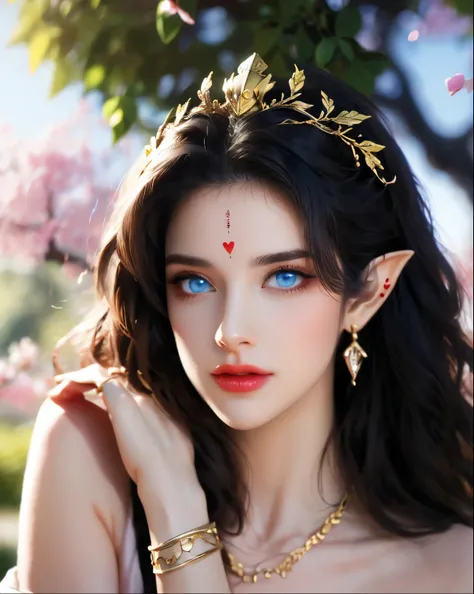 One 20 year old girl, (breast :1.1), navel,upper body,bare shoulders,wears red tube top,red skirt, blue gems,shiny skin,hand in own hair,(mature female),milf, beautiful cai lin, deep blue eyes, jet black long hair, face symmetry 8k resolution high quality....