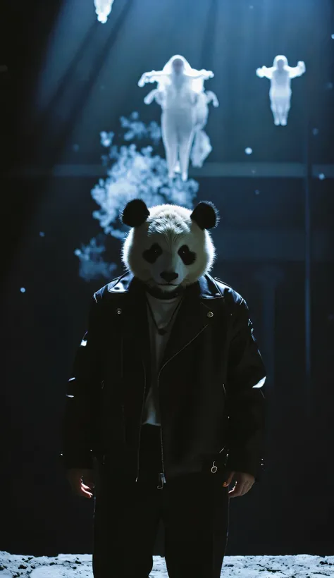 Cinematic style. A panda stands at the edge, overlooking a black abyss, with an intense downward gaze. Dressed in a slick black leather jacket. Ethereal spirits float around him amidst an eerie darkness filled with haunting phantoms. Full-body shot with a ...
