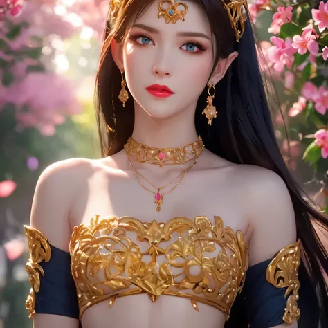 One 20 year old girl, breast 1.1, navel,upper body,bare shoulders,wears red tube top,red skirt, blue gems,shiny skin,hand in own hair,(mature female),milf,cai lin, deep blue eyes, jet black long hair, 8k resolution high quality,background: around the garde...
