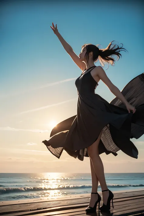 realistic、朝日が登り女性のsilhouetteが浮かび上がる、 in a dark cell、Frame the vast ocean with the sun、 Sea view、 backlit、silhouette、1 woman、black long dress from between dresses、high heels、( short shortcut)、Hair and dress fluttering in the wind、looking up at the sky、 Myst...