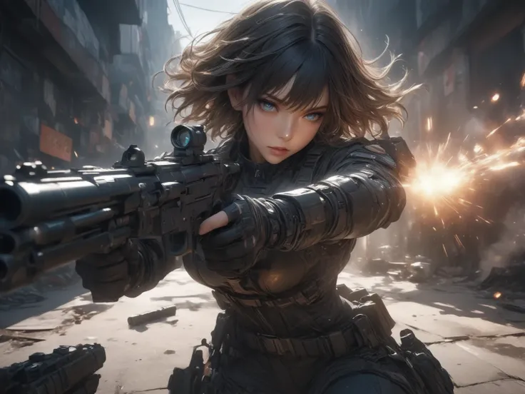 anime style, cinematic angle, black short-haired intelligent woman\persuit style\), cold eyes,icy emotionless expression, shooting directly at the viewer with two handguns, muzzle flash and flying bullet shells, strong rim lighting,epic light, dramatic sha...