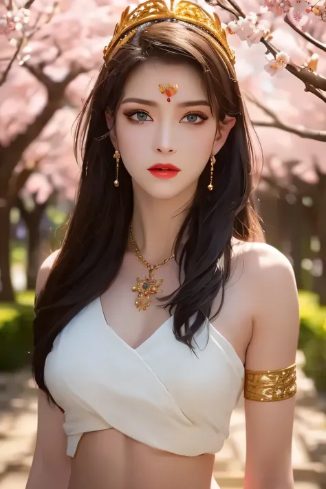 One 20 year old girl, breast 1.1, navel,upper body,bare shoulders,wears red tube top,red skirt, blue gems,shiny skin,hand in own hair,(mature female),milf,cai lin, deep blue eyes, jet black long hair, face symmetry, eye symmetry,8k resolution high quality....