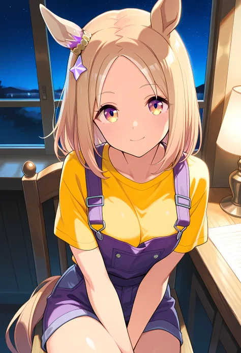 narita top road \(umamusume\),(((masterpiece))),(((detailed)))((best quality)),((hyper detailed)),(beautiful),((shinythighs)),(((shiny skin))),(high quality skin),((8k)),((high resolution)),smile,light blush,close mouth,sitting on wooden chair,crossed legs...