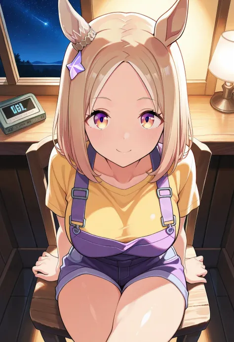 narita top road \(umamusume\),(((masterpiece))),(((detailed)))((best quality)),((hyper detailed)),(beautiful),((shinythighs)),(((shiny skin))),(high quality skin),((8k)),((high resolution)),smile,light blush,close mouth,sitting on wooden chair,crossed legs...