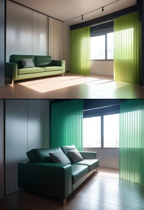 ((masterpiece, better quality, Alta resolución, UHD, perfect pixels, depth of field, 4k, RTX, hdr))), close image of a window with aluminum shutters from ceiling to floor, Lo bubren translucent curtains color green, you can see a part of a sofa in green, m...