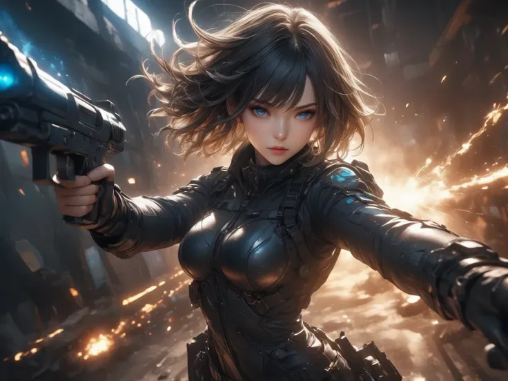anime style, cinematic angle, black short-haired intelligent woman\(persuit style\),cold eyes,icy emotionless expression, shooting directly at the viewer with two handguns, muzzle flash and flying bullet shells, strong rim lighting,epic light, dramatic sha...