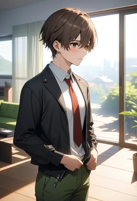 (Masterpiece, better quality, high resolution, UHD, perfect pixels, depth of field, 4k, RTX, hdr))), A boy , alone, half body, art style, anime character breasts, ((serene look, short hair on the sides, dark brown, separated from the hair to the side)), ( ...