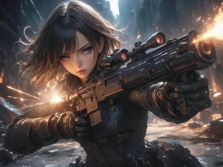 anime style, cinematic angle, black short-haired intelligent woman\(persuit style\),cold eyes,icy emotionless expression, shooting directly at the viewer with one shotgun, muzzle flash and flying bullet shells, strong rim lighting,epic light, dramatic shad...