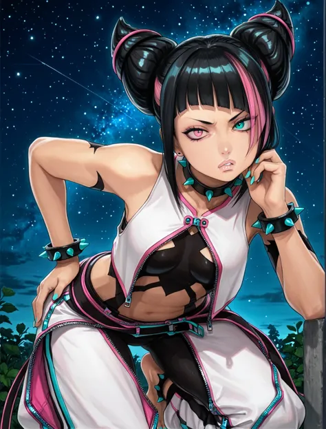 ((juri han)), ((masterpiece)), ((high resolution)), ((solo portrait)), {(attractive figure), (beautiful legs), (pretty feet), (turquoise nails), (black hair), (hair horns), (pink dyed bangs), (heterochromia), (pink and turquoise eyes), (parted lips), (anno...