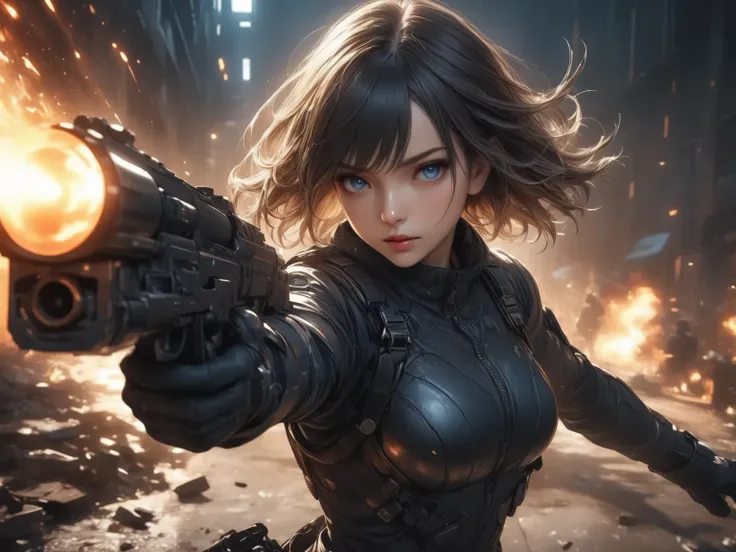 anime style, cinematic angle, black short-haired intelligent woman\(persuit style\),cold eyes,icy emotionless expression, shooting directly at the viewer with one shotgun, muzzle flash and flying bullet shells, strong rim lighting,epic light, dramatic shad...
