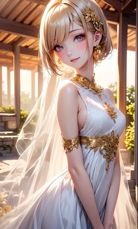 (masterpiece),((best quality)),(perfect anatomy),(Beautiful and luxurious:1.2),1 girl on break day,happy expression,small breasts,((Golden Hair Beauty)), beautiful shrine garden , Transparency,short hair,gentle color,pastel color,cinematic lighting,(Highl...