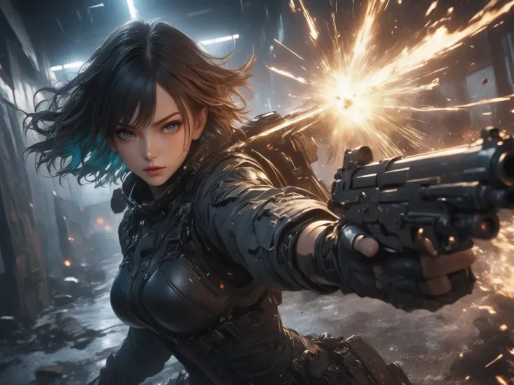 anime style, cinematic angle, black short-haired intelligent woman\(persuit style\),cold eyes,icy emotionless expression, shooting directly at the viewer with one shotgun, muzzle flash and flying bullet shells, strong rim lighting,epic light, dramatic shad...