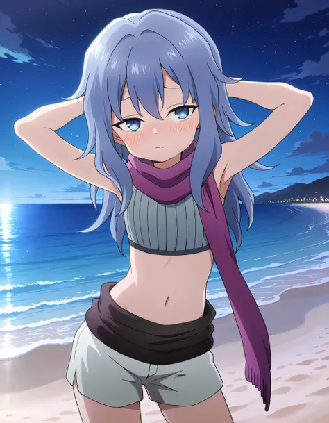Hagi, blue eyes, blue hair, long hair, crop top, sleeveless, purple scarf, shorts, high quality, solo, looking at viewer, cowboy shot, (contrapposto), hands behind head, looking at viewer, closed mouth, night sky, beach, looking at viewer, blushing, shy, b...