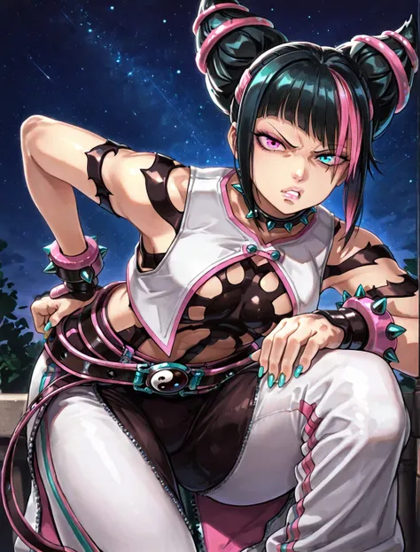 ((juri han)), ((masterpiece)), ((high resolution)), ((solo portrait)), {(attractive figure), (beautiful legs), (lush lips), (turquoise nails), (black hair), (hair horns), (pink dyed bangs), (heterochromia), (pink and turquoise eyes), (parted lips), (annoye...