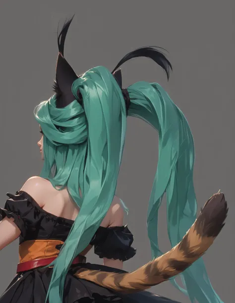 JinxPowder,A cute ,Back view,from back,黑色Lolita skirt子, tutu,green double ponytail,The end of the hair is a gradient,Shoulder-length hair,Neat hair texture,Neat and orderly hair,Hair details,puff sleeve skirt,ta skirt, red belt ,Off Shoulder,has two cat ea...