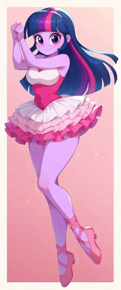 safe_pos, score_9, score_8_up, score_7_up correct anatomy BREAK equestria girls, human, g4, motion lines BREAK twilight sparkle BREAK ballerina, ballet, pink clothes, commission, curtsey, cute, looking at you, female, smiling, solo, pink tutu, full body vi...