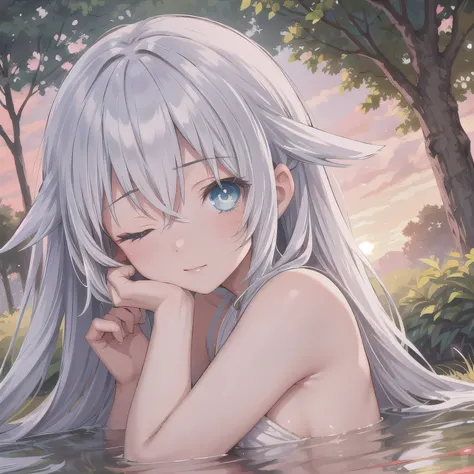 A breathtakingly beautiful 20-year-old woman stands in a lush green park at sunset, bathed in the warm golden light of the evening sun. Facing forward, her eyes gently closed, cheeks slightly flushed, and her face tilted upward as if anticipating a kiss, s...