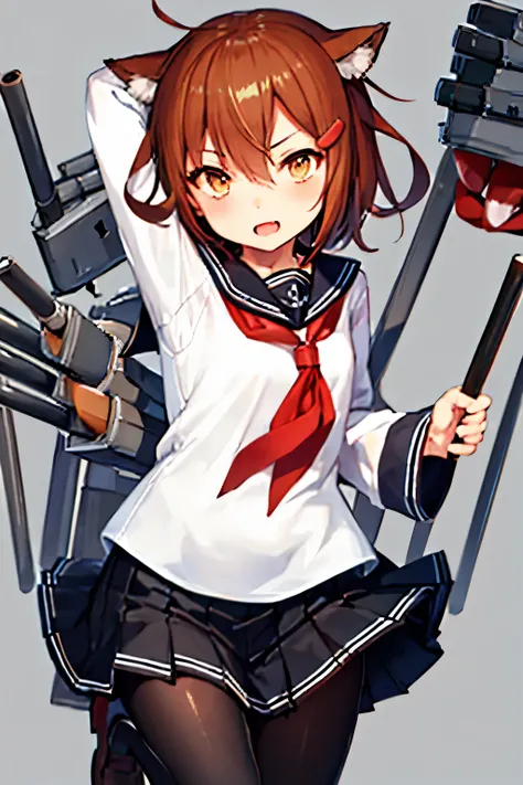 best quality、high resolution、Beautiful Face in Every Detail,4k、1 girl on break day,alone,(:1.6),( flat at honny:1.5),  Ikazuchi_Kantai Collection、brown_hair,short_hair,hairCLIP,hair_ornament,brown_eye,sailor suit,schools_uniform,red_neckerchief,pleats_skir...