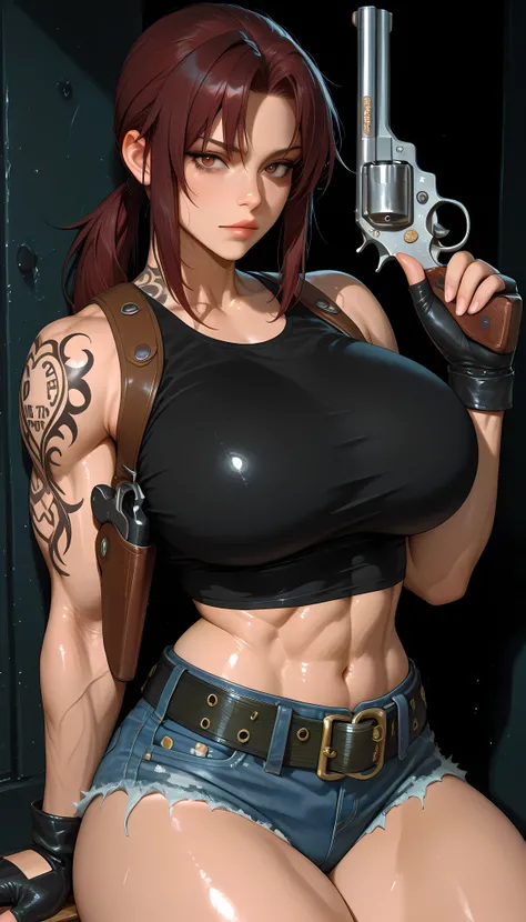 masterpiece, best quality, amazing quality, hyper-detailed, newest, very aesthetic, 1girl, Revy, photo posing, huge breasts, large thighs, diffused light, absurdres, highres, hd particles, muscle, shiny muscle, blacklagoonrevy, shoulder tattoo, ponytail, b...