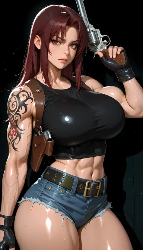 masterpiece, best quality, amazing quality, hyper-detailed, newest, very aesthetic, 1girl, Revy, photo posing, huge breasts, large thighs, diffused light, absurdres, highres, hd particles, muscle, shiny muscle, blacklagoonrevy, shoulder tattoo, long hair, ...