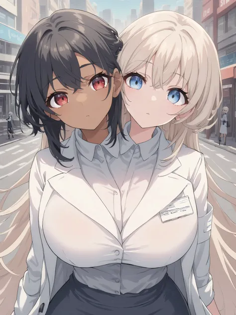 2heads, twoheads, a tall thin woman with 2 heads, white hair, black hair, blue eyes, red eyes, half dark skin and light beige skin, two tone skin, light beige skin, dark skin, white shirt, lab coat, black pencil Skirt, large breasts, city,