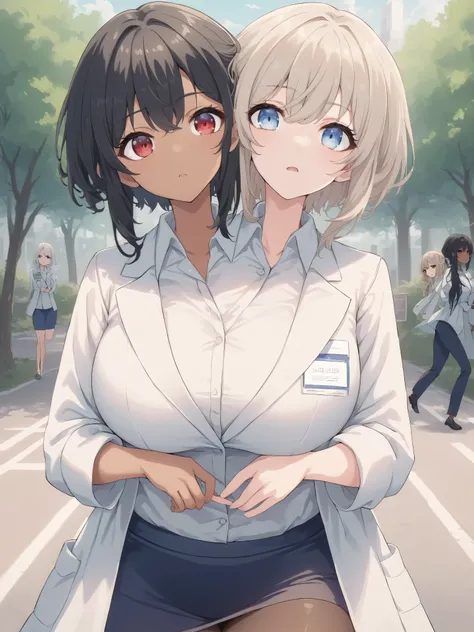2heads, twoheads, a tall thin woman with 2 heads, white hair, black hair, blue eyes, red eyes, half dark skin and light beige skin, two tone skin, light beige skin, dark skin, white shirt, lab coat, black pencil Skirt, large breasts, park