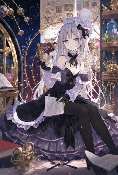 A mysterious young girl with long silver hair and pale violet eyes, wearing a dark Victorian-style dress with lace trim and a black ribbon, sitting elegantly among ancient books and celestial instruments. Surrounded by softly glowing star charts, hourglass...