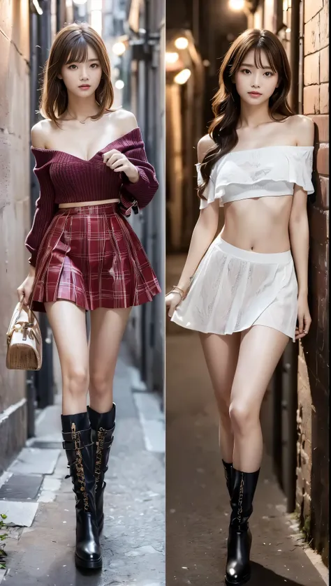 full body shot、Outdoors、masterpiece、best quality、high resolution、realistic、(tall and slim fashion model)、(tall)、(long legs)、(beautiful legs)、(In a dark alley at night)、(誰も居ない暗い夜の細い路地で男性から逃げるbootsとflared skirtを履いた長身の女性モデル)、(A frightened 18-year-old beautifu...