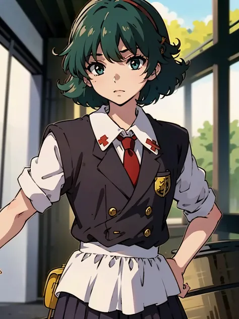in room, anime style, 8k, masterpiece, ultra high res, focus upper body, medium bob hair, flip out hair, marine blue hair, break wearing school uniform, black blazer, break red tie, scowl,