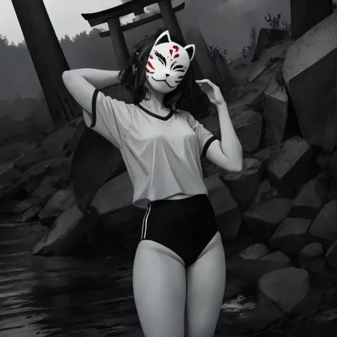 monochrome,anbu,1girl,medium hair,black hair,wearing a black gymnastics bloomers,highleg,selfwedgie,white blouse,standing,torii,solo,