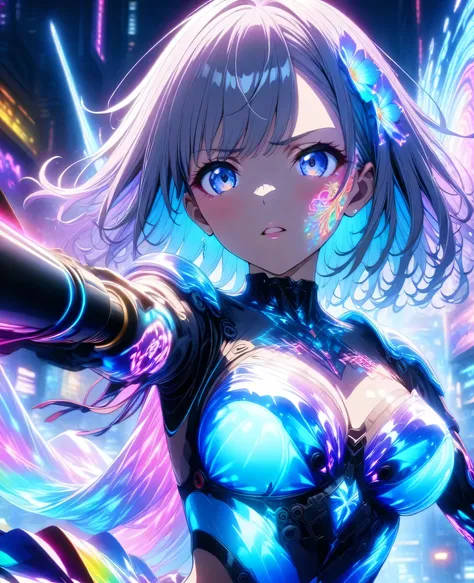 best quality、 high definition CG Unity 8k wallpaper、anime screenshot、Female anime character art with neon-colored flower tattoos shining all over her body。at a dynamic angle from above、against the background where the trajectory of blue and purple light an...