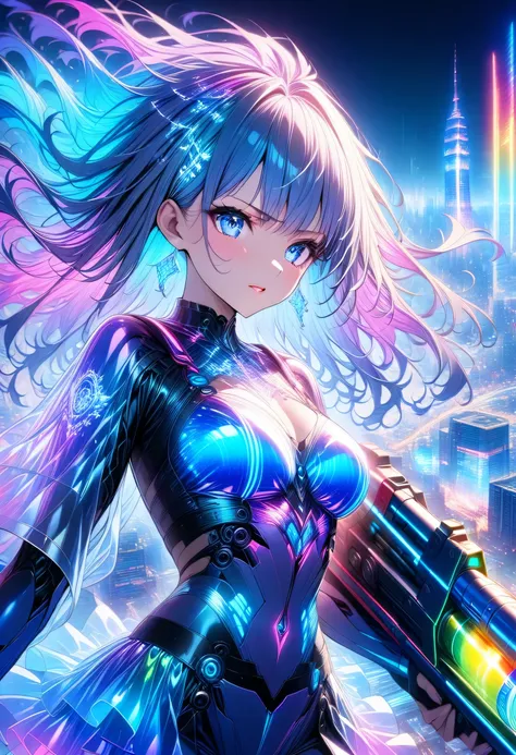 High Resolution Anime Images、at a dynamic angle from above、against the background where the trajectory of blue and purple light and shattered rainbow-colored glass spreads、Multi-colored Hair(side profile、design with the sides trimmed up and laser-engraved ...