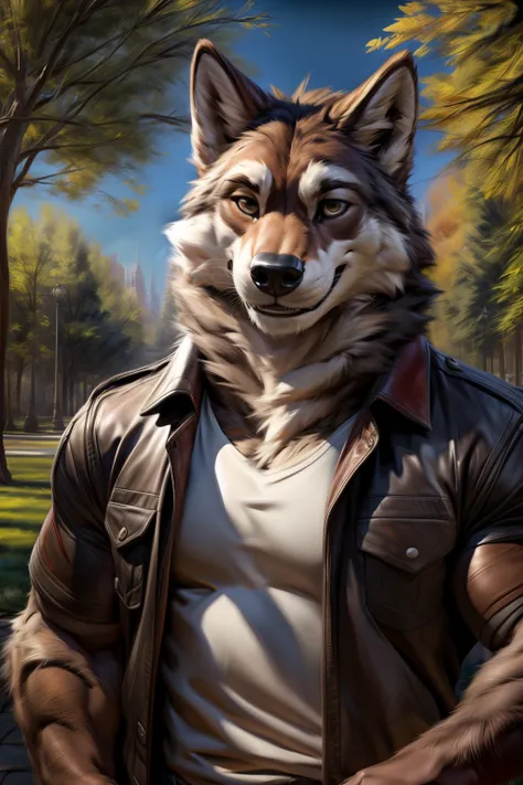 ((By Zaush)), ((By Chunie)), ((By Darkgem)), handsome furry anthro young adult male Grey Wolf with nice brown hazel eyes, wearing a burgundy t-shirt with a black denim jacket, jeans, shoes, clothing, background setting, outside, park, nature, trees, (head ...