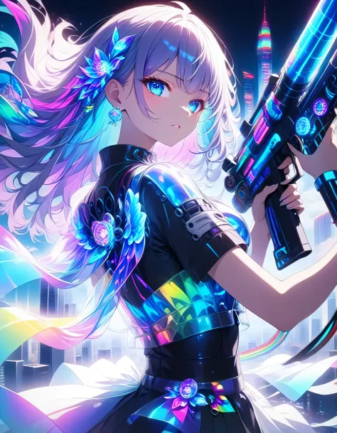 High Resolution Anime Images、at a dynamic angle from above、against the background where the trajectory of blue and purple light and shattered rainbow-colored glass spreads、Multi-colored Hair(side profile、side where the gun is directed、Wavy hair with a grad...