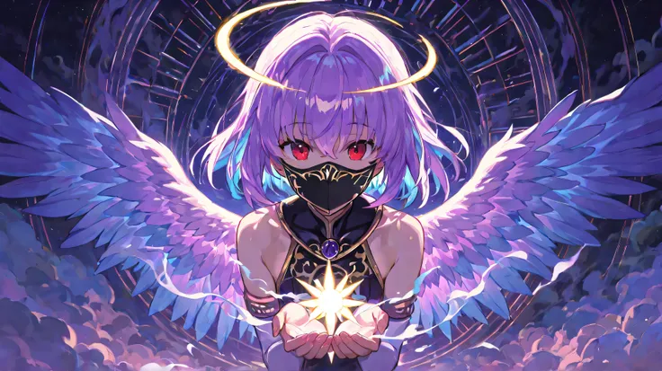 guy, Angel, the guy at the entrance to paradise, cloud glow, Heaven's Gate (golden), soft colors, beautiful scenery, 4K, 2k, high quality, great detail, Angelьские крылья сияют (in purple ), red eyes (felines), The sun is glowing (in blue), in a bla...